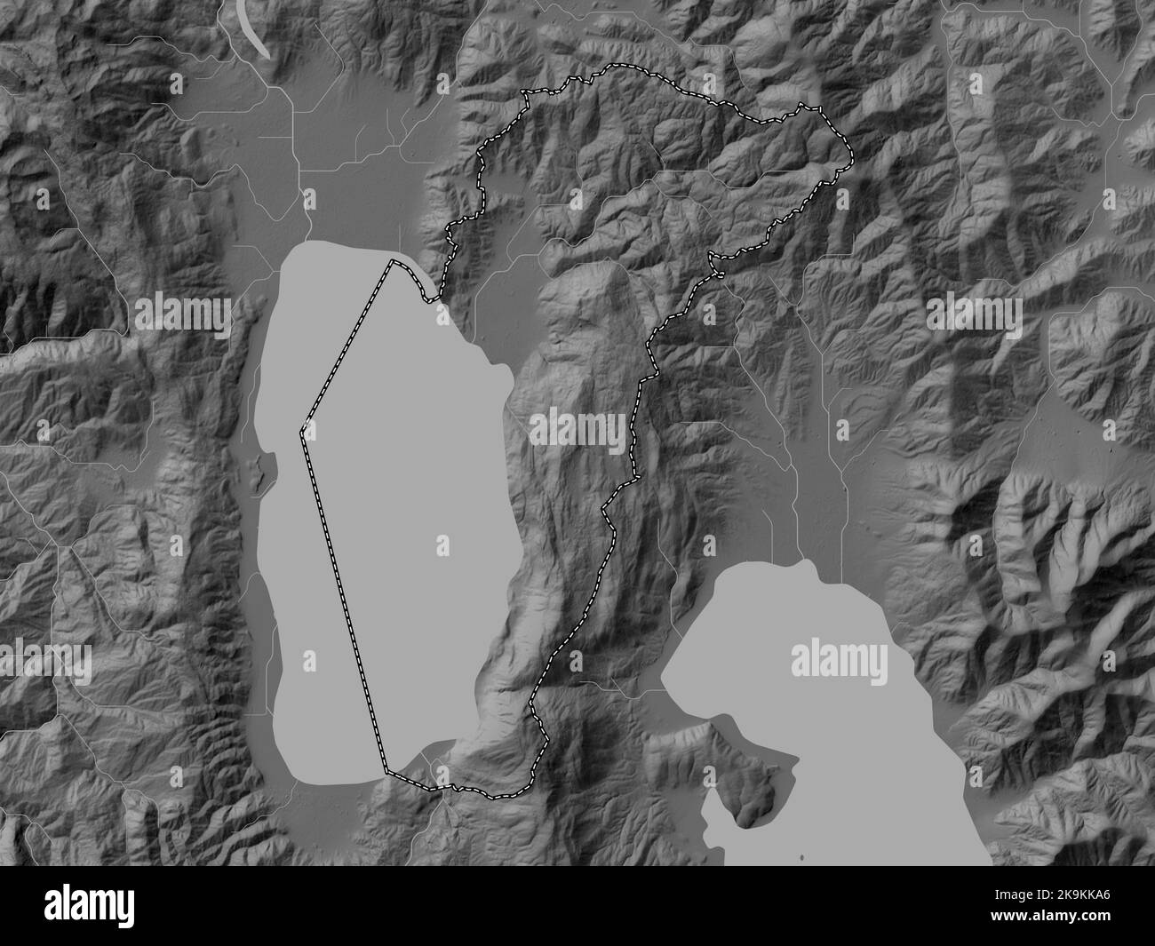 Ohrid, municipality of Macedonia. Grayscale elevation map with lakes and rivers Stock Photo