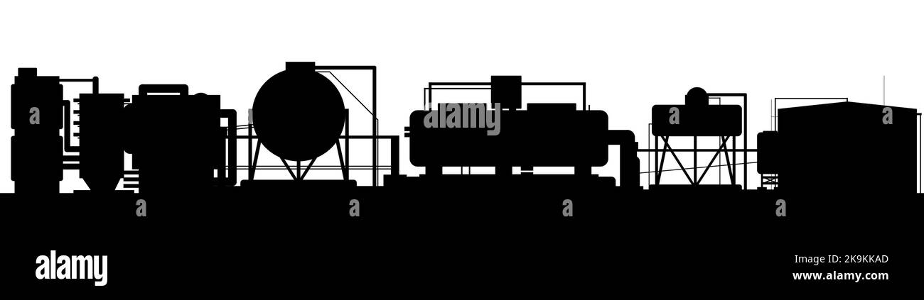 Production plant. Barrels with pipes. Silhouette of objects. Seamless horizontal composition. Industrial equipment. Factory chemical. Isolated white b Stock Vector