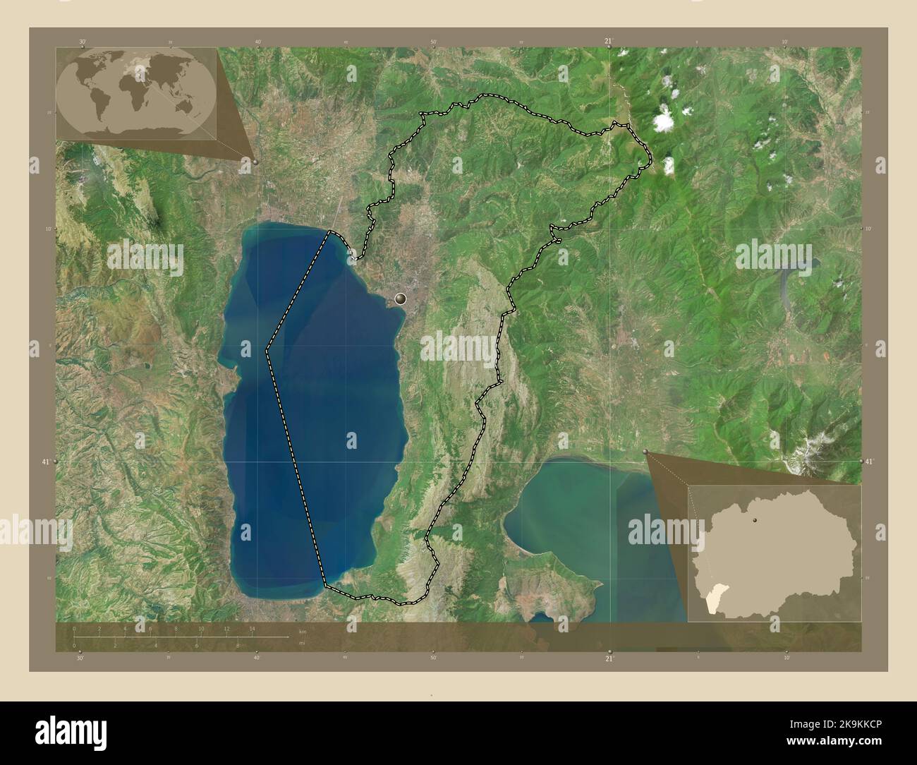 Ohrid, municipality of Macedonia. High resolution satellite map. Corner auxiliary location maps Stock Photo