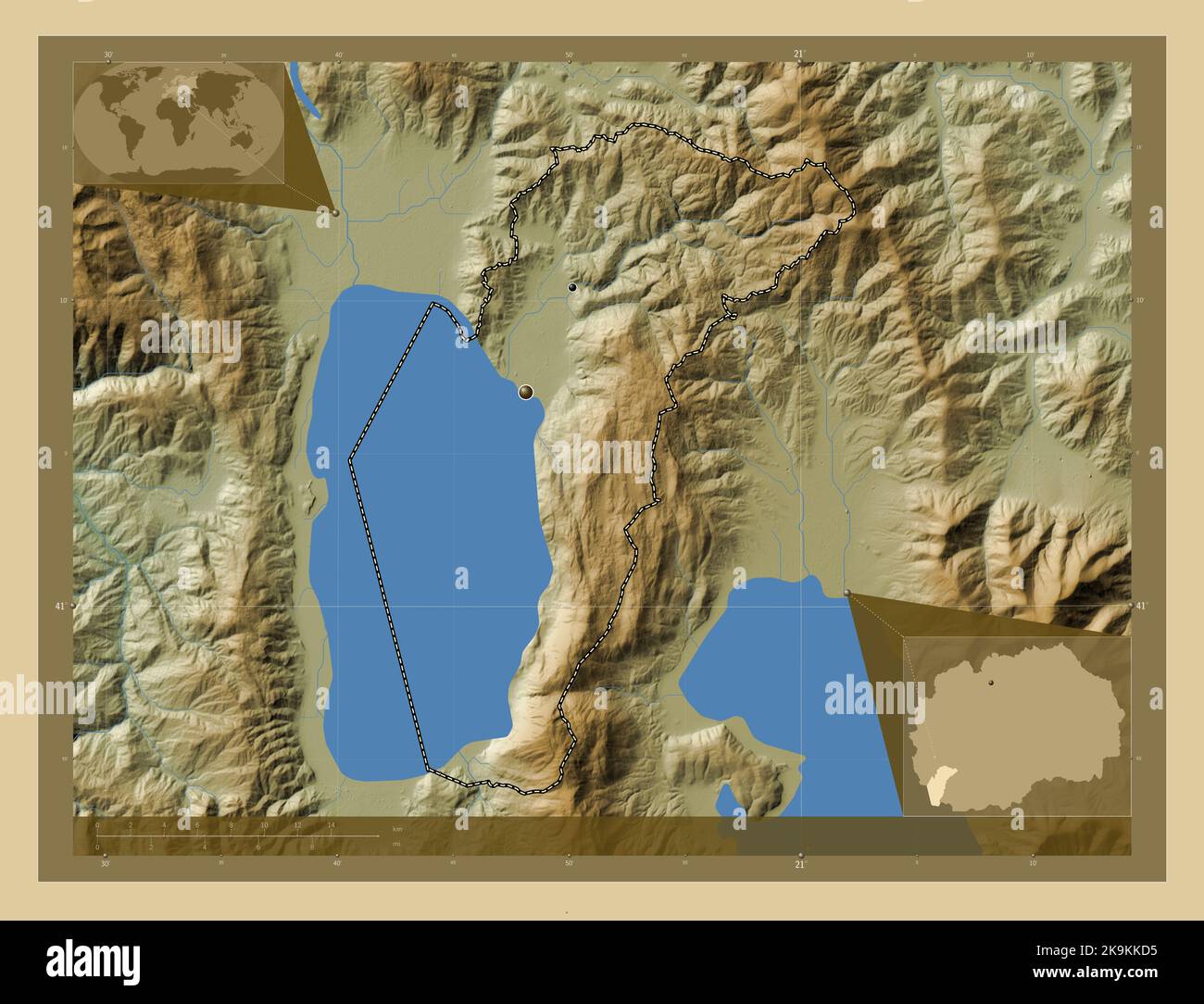 Ohrid, municipality of Macedonia. Colored elevation map with lakes and ...