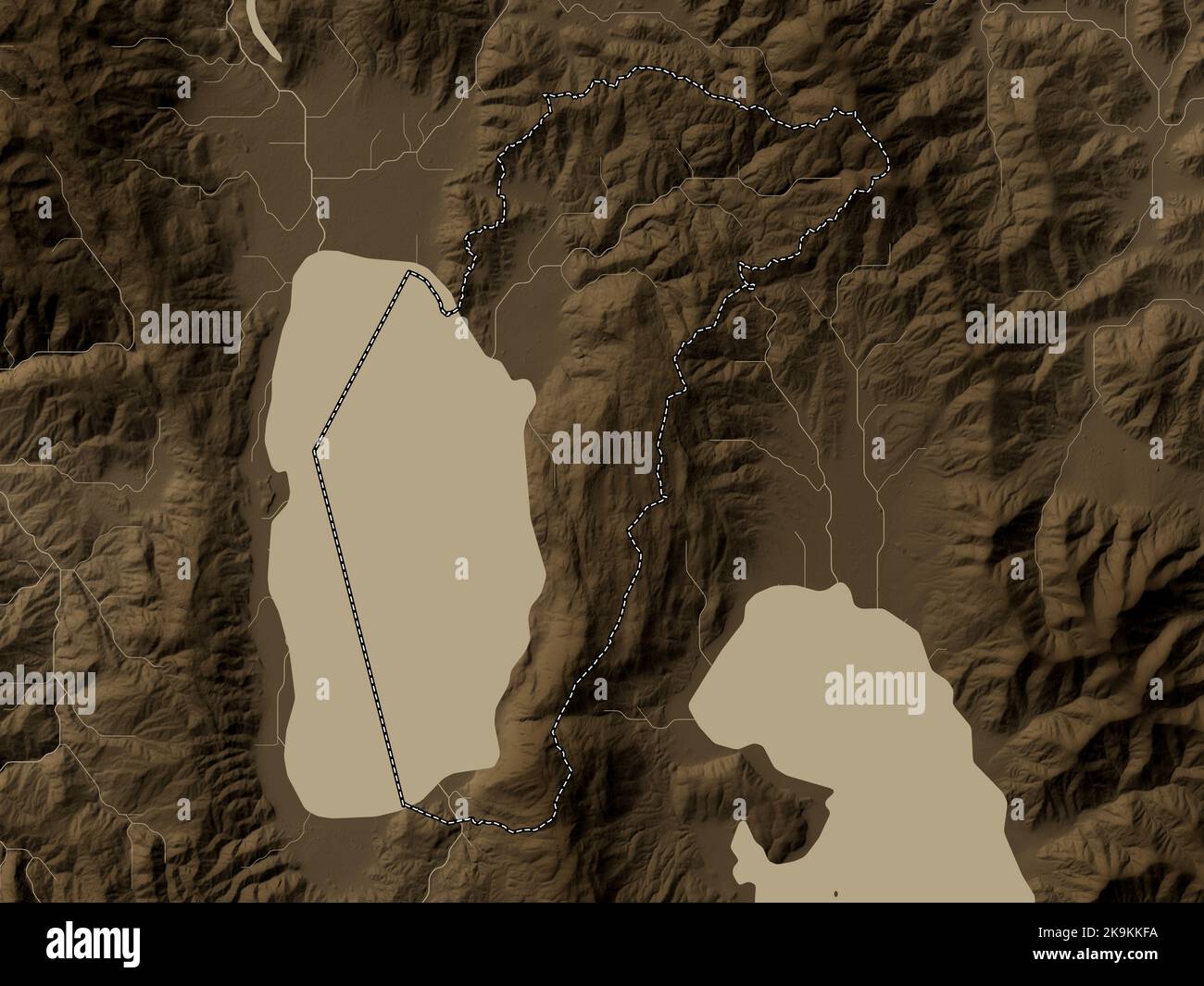 Ohrid, municipality of Macedonia. Elevation map colored in sepia tones with lakes and rivers Stock Photo