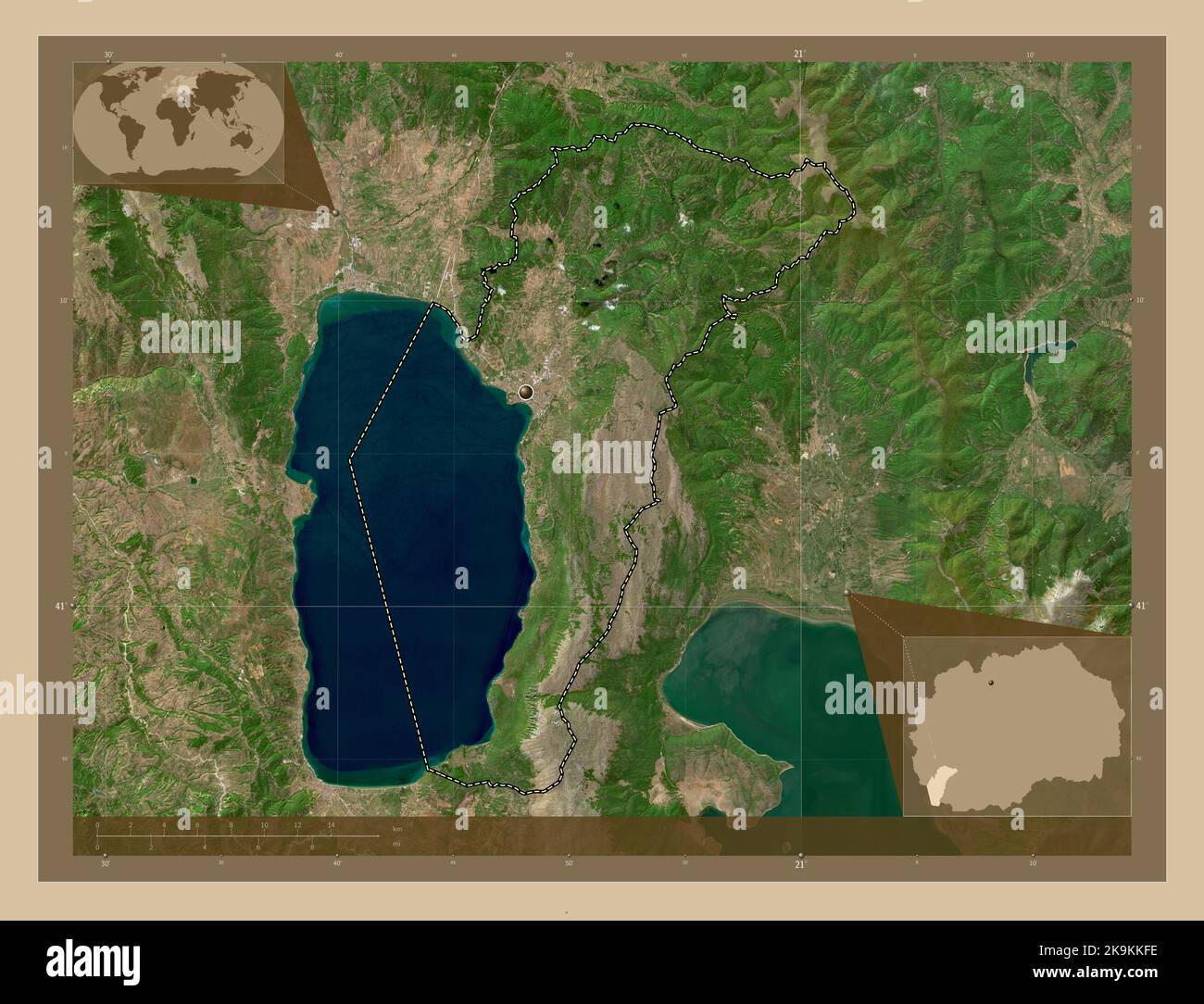 Ohrid, municipality of Macedonia. Low resolution satellite map. Corner auxiliary location maps Stock Photo
