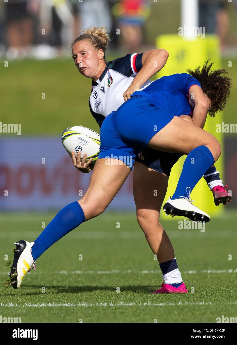 France's Agathe Sochat tackles Italy's Veronica Madia during the Women's Rugby World Cup Quarter-final match at Northland Events Centre in Whangarei, New Zealand. Picture date: Saturday October 29, 2022. Stock Photo