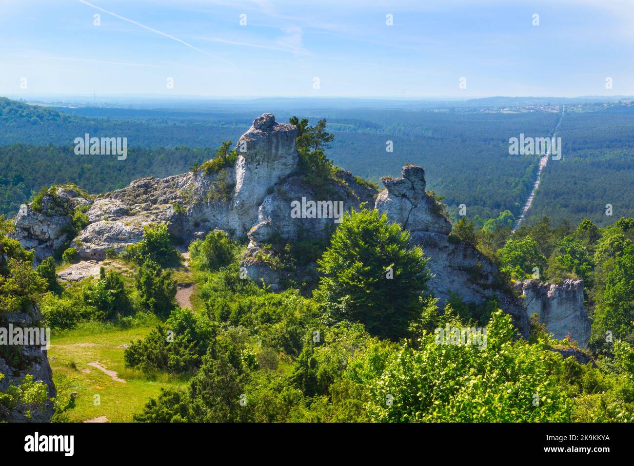Landscape with limestone rocks from peak of Gora Zborow in Podlesice, Poland Stock Photo
