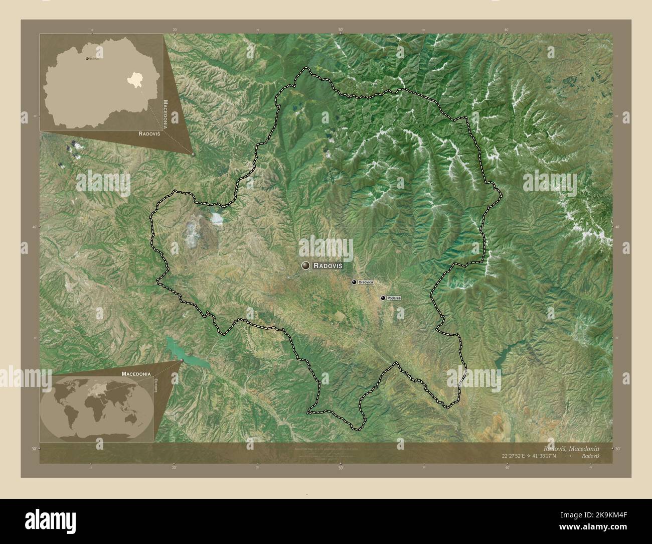 Radovis, municipality of Macedonia. High resolution satellite map