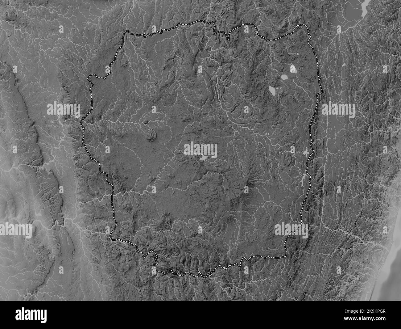 Antananarivo, autonomous province of Madagascar. Grayscale elevation map with lakes and rivers Stock Photo