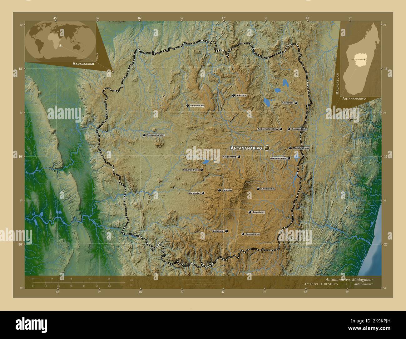 Antananarivo, autonomous province of Madagascar. Colored elevation map with lakes and rivers. Locations and names of major cities of the region. Corne Stock Photo