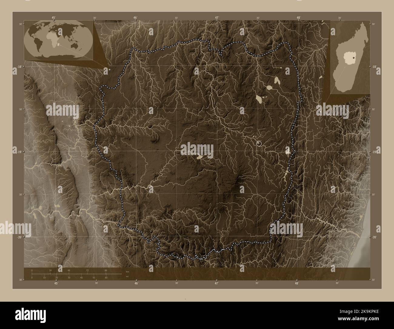Antananarivo, autonomous province of Madagascar. Elevation map colored