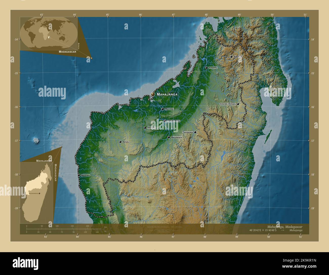 Mahajanga, autonomous province of Madagascar. Colored elevation map with lakes and rivers. Locations and names of major cities of the region. Corner a Stock Photo