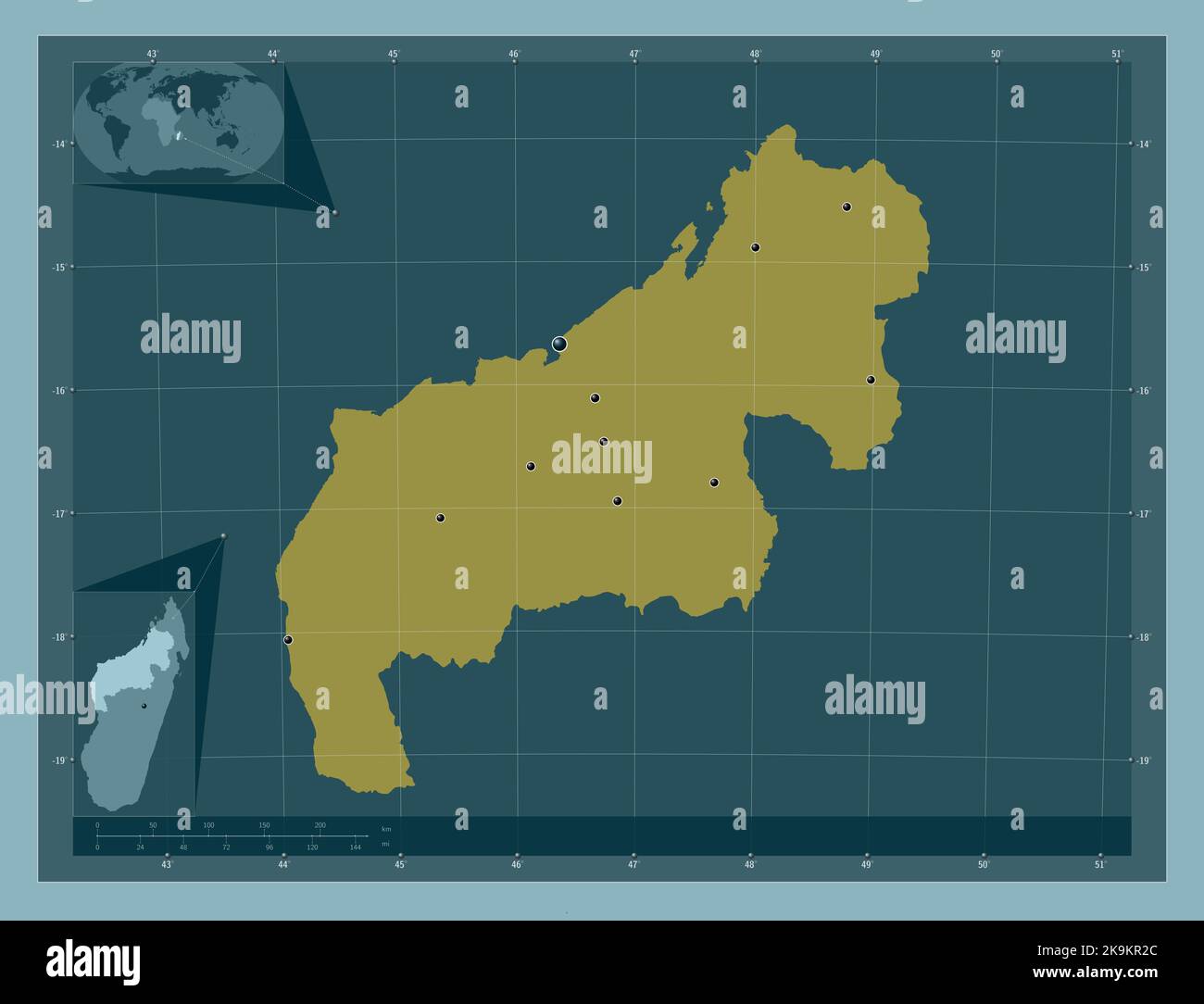 Mahajanga, autonomous province of Madagascar. Solid color shape. Locations of major cities of the region. Corner auxiliary location maps Stock Photo