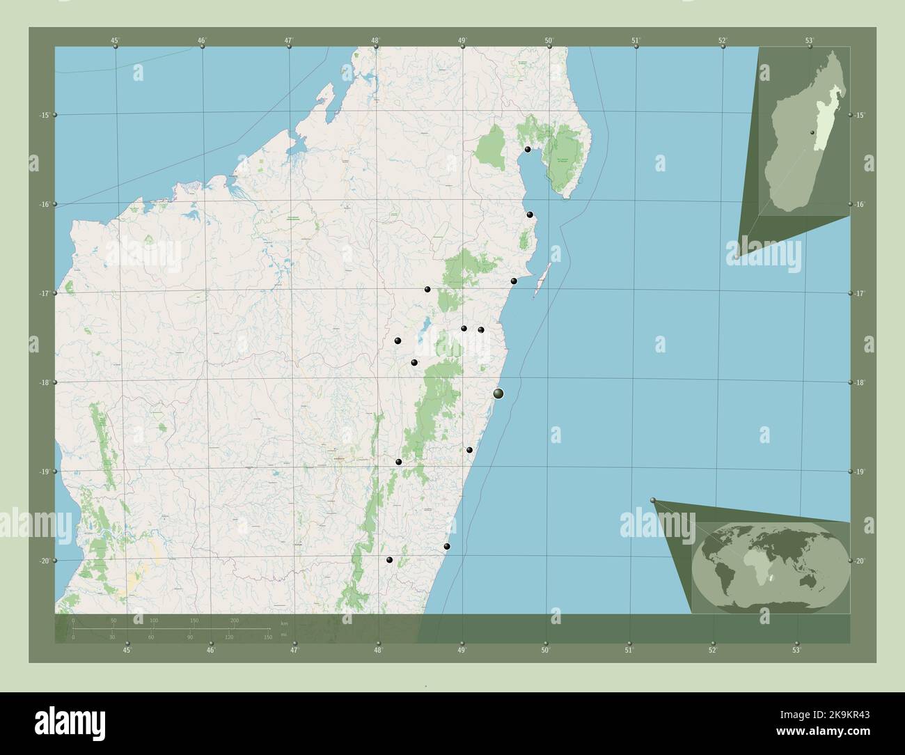 Toamasina, autonomous province of Madagascar. Open Street Map. Locations of major cities of the region. Corner auxiliary location maps Stock Photo