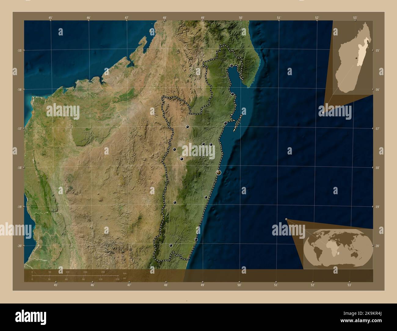 Toamasina, autonomous province of Madagascar. Low resolution satellite map. Locations of major cities of the region. Corner auxiliary location maps Stock Photo