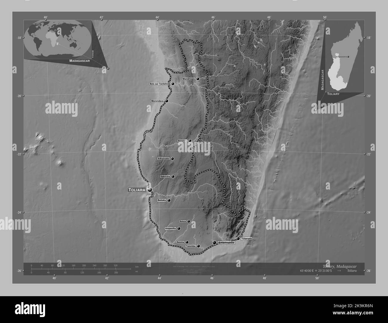 Toliary, autonomous province of Madagascar. Grayscale elevation map with lakes and rivers. Locations and names of major cities of the region. Corner a Stock Photo