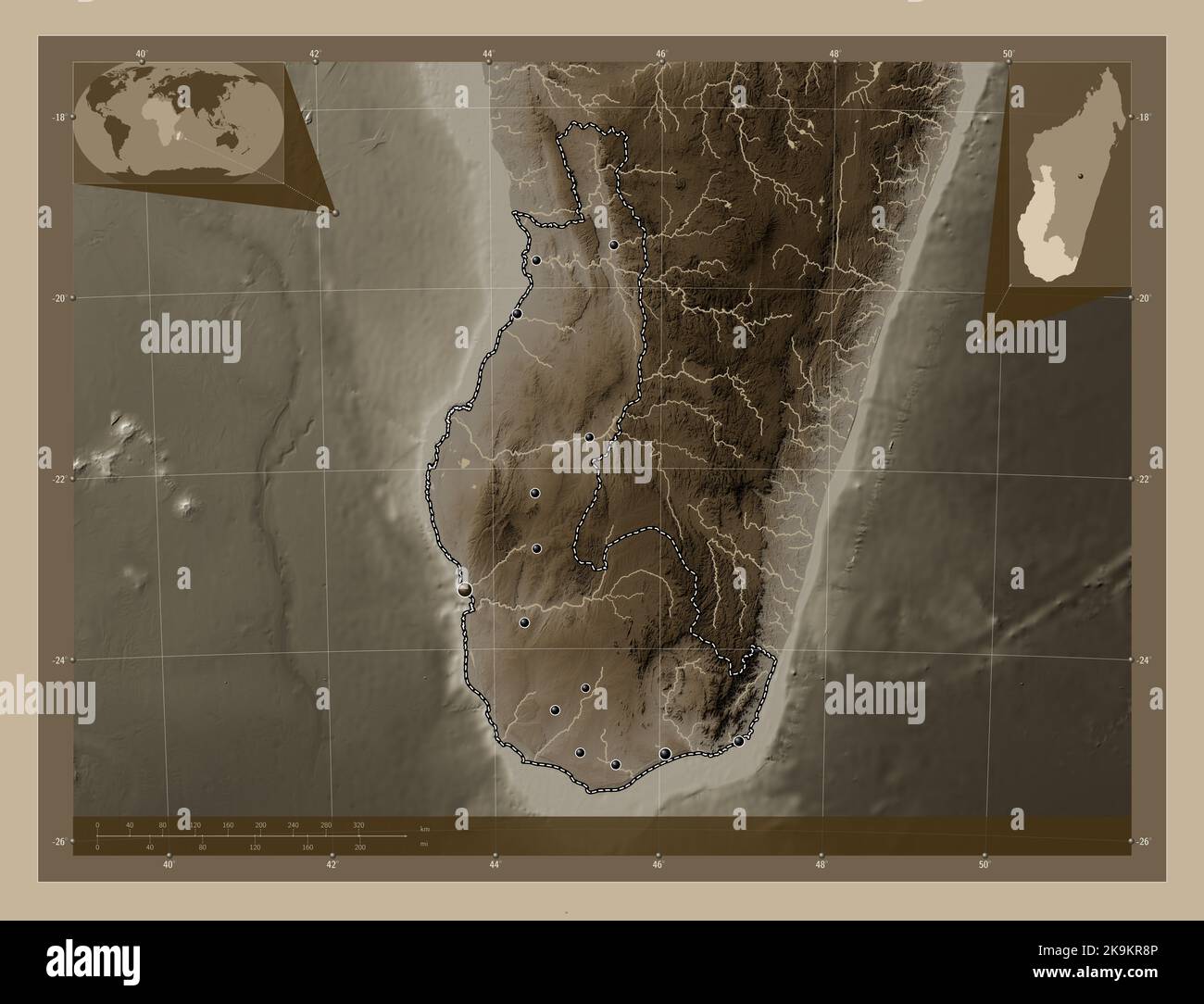 Toliary, autonomous province of Madagascar. Elevation map colored in sepia tones with lakes and rivers. Locations of major cities of the region. Corne Stock Photo