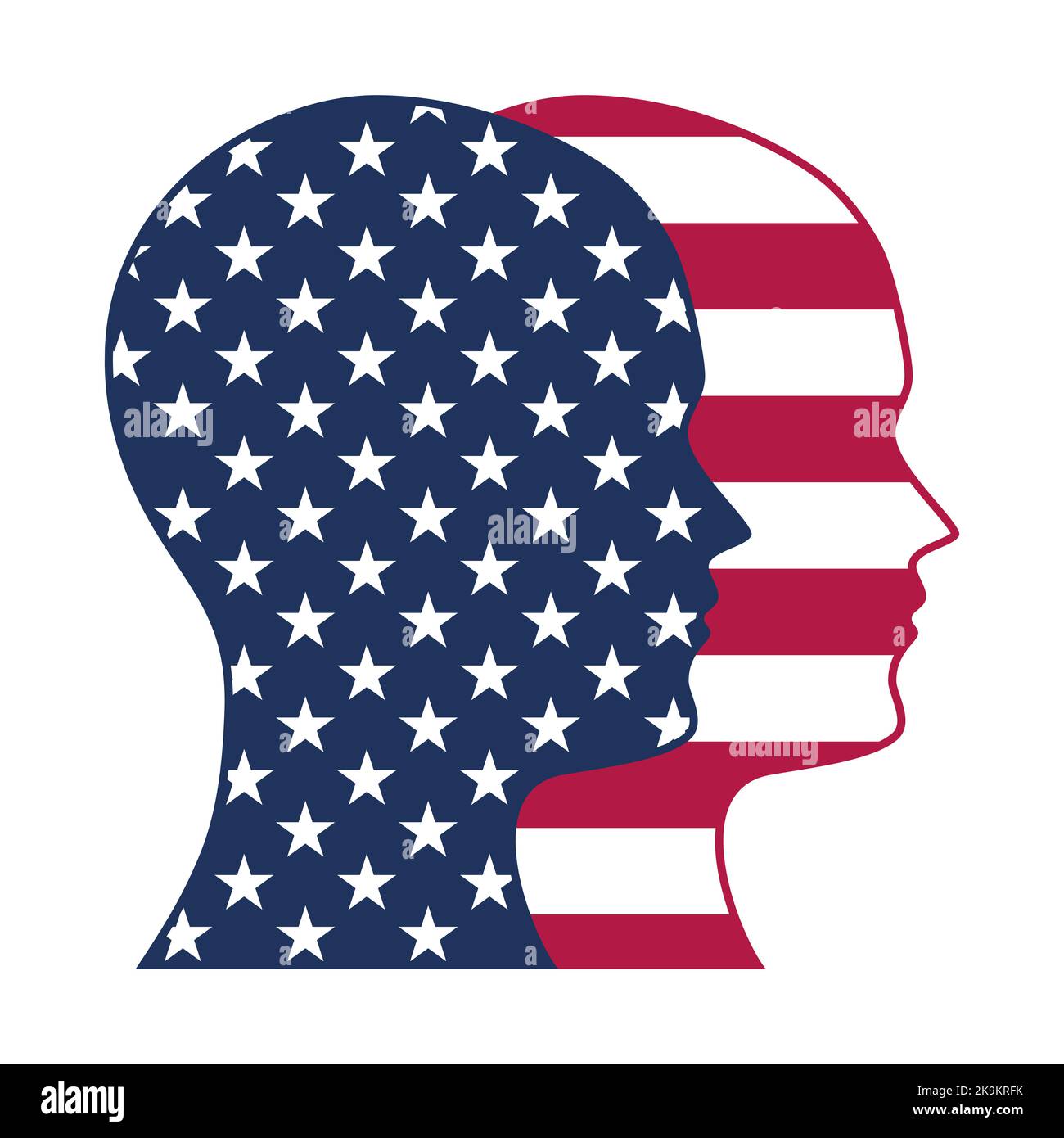 Heads with the American flag motif, looking in the same direction. Symbol of peace and unity between 2 opposing parties, overcoming their opposites. Stock Photo