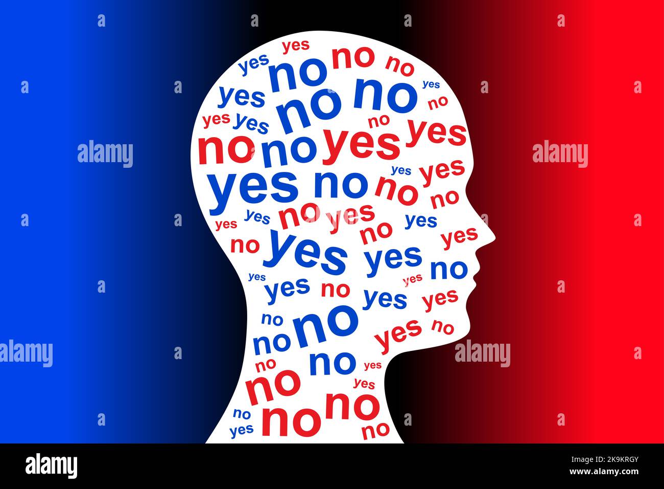 YES and NO words colored red and blue in a white silhouette of a head, over a gradient background. Symbol for the uncertainty of which side to choose. Stock Photo