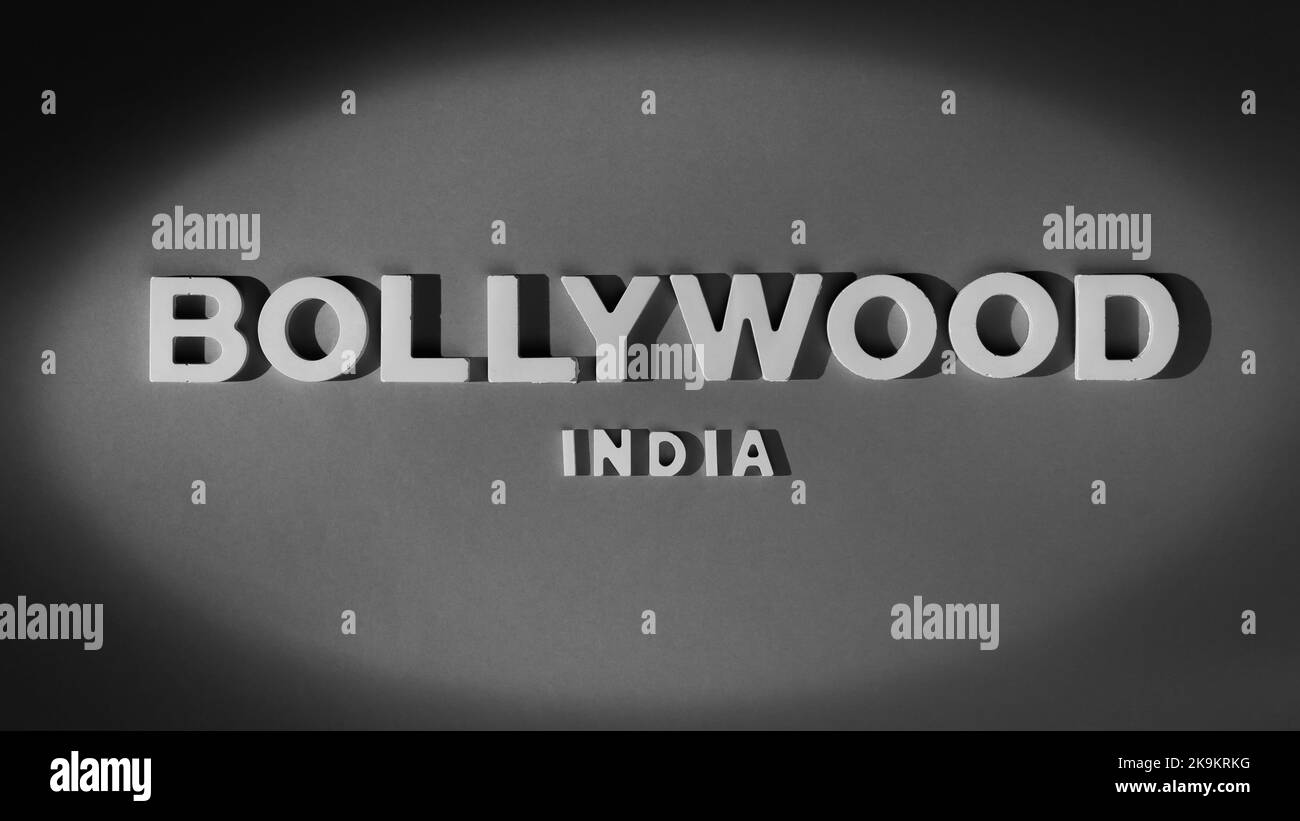 Bollywood, India - Old movie style text. Black and white photograph Stock Photo