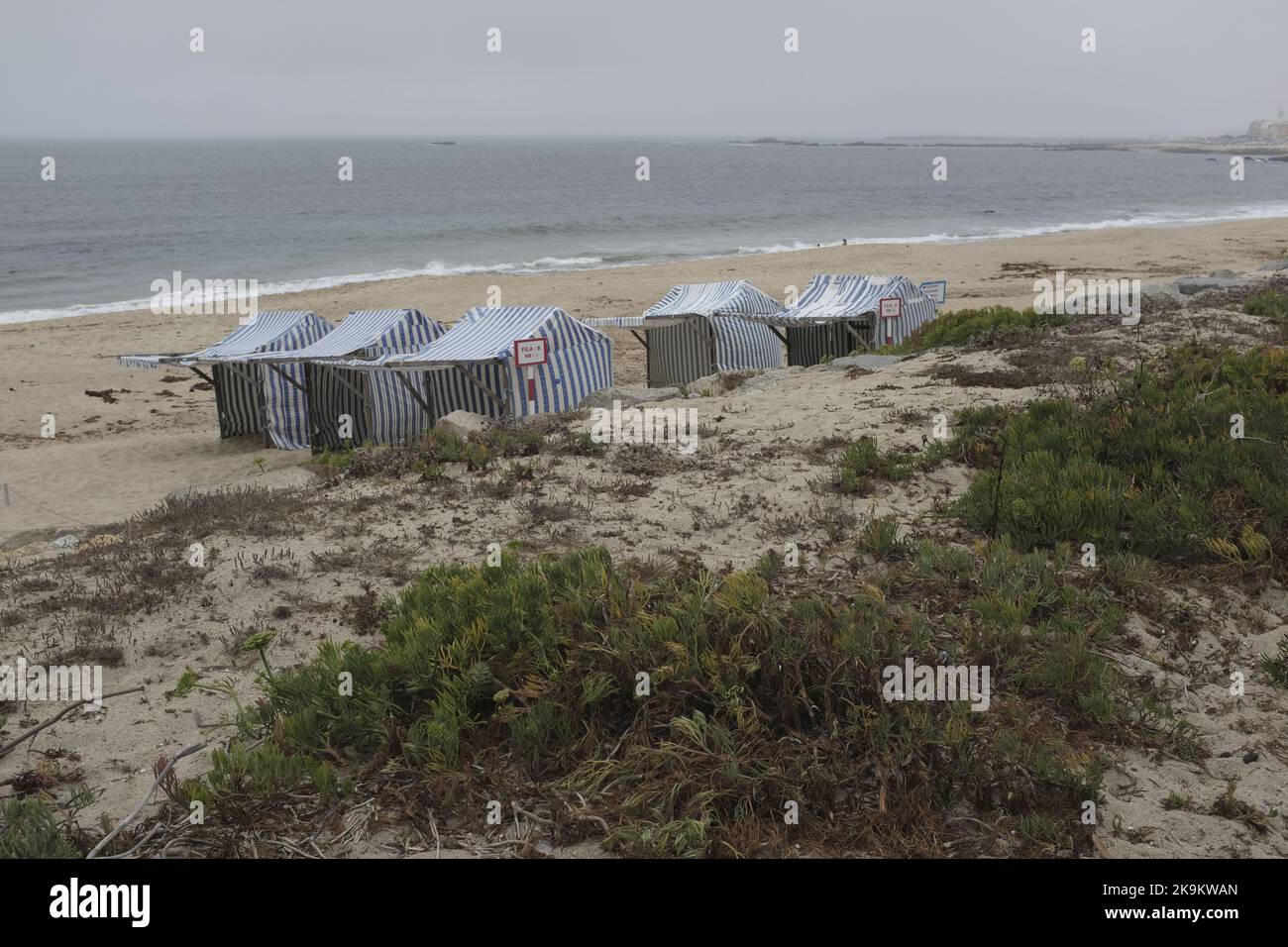 beach tents in Vila do Conde, Portugal Stock Photo