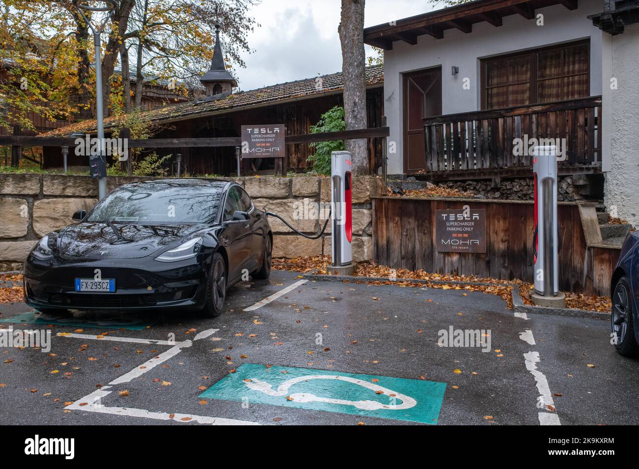 Lermoos, Austria Oct 24, 2022 A static shot of a solid black Tesla