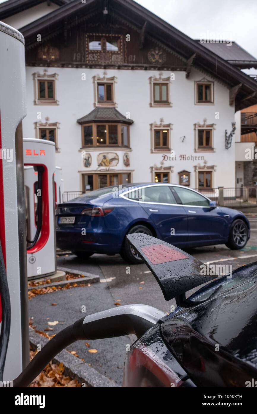 Lermoos, Austria Oct 24, 2022 A static shot of a solid black Tesla