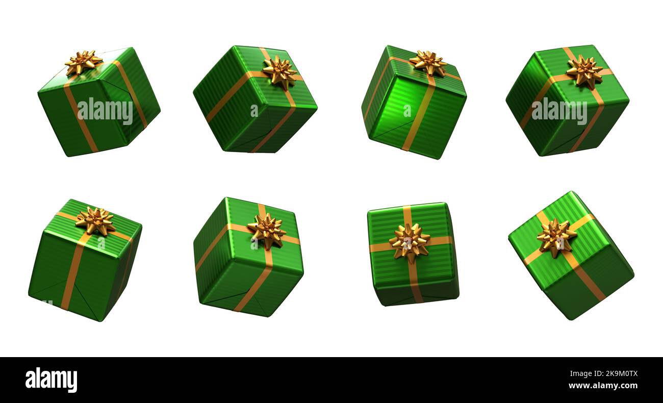 green christmas gifts on white background, different angles of view - 3d rendering Stock Photo