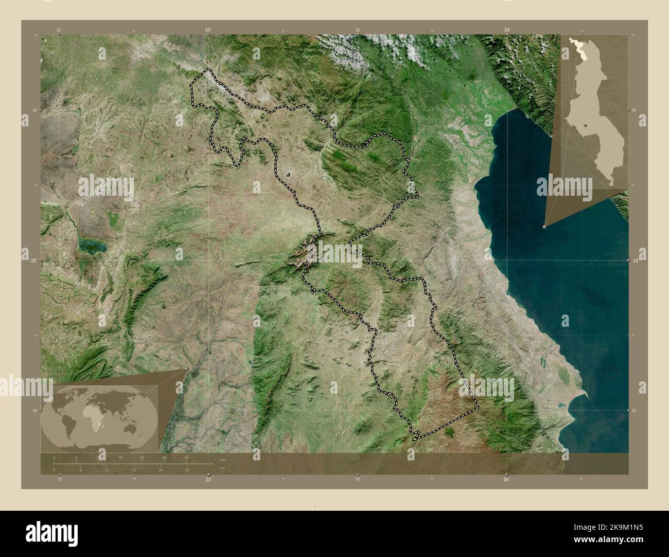 Chitipa, district of Malawi. High resolution satellite map. Locations
