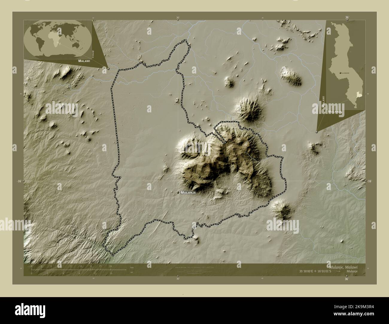 Mulanje, district of Malawi. Elevation map colored in wiki style with lakes  and rivers. Locations and names of major cities of the region. Corner auxi  Stock Photo - Alamy