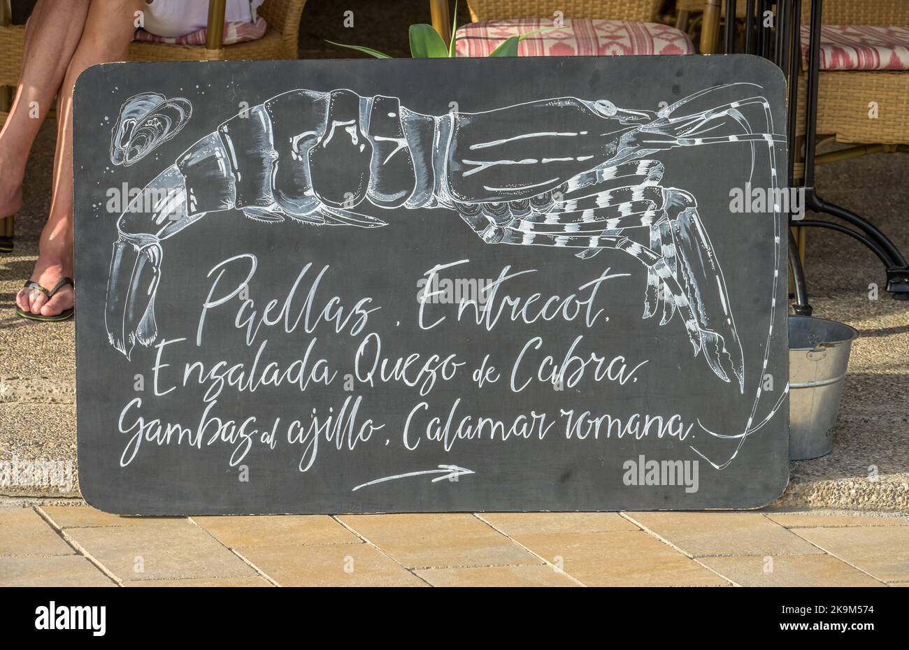 Werbeschild Paellas Gambas, Gaststätte, Paguera, Mallorca, Spanien Stock Photo