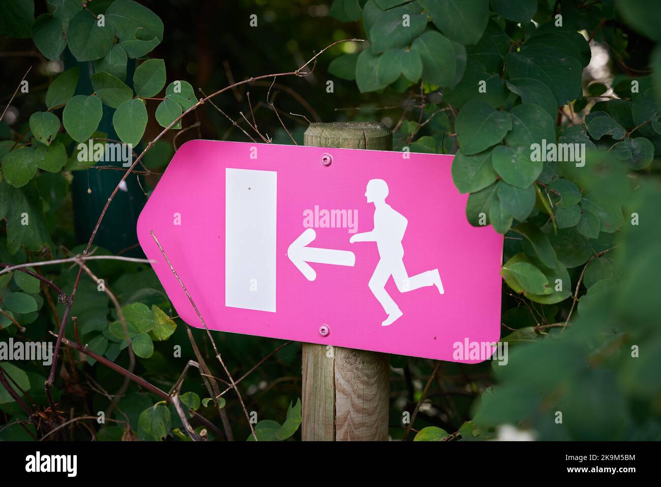 Escape route in case of evacuation in a public park in the city of Mulhouse, France Stock Photo