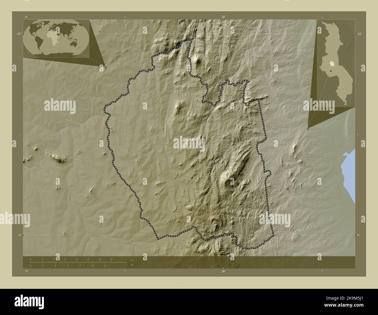 Ntchisi, district of Malawi. Elevation map colored in wiki style with lakes and rivers. Corner auxiliary location maps Stock Photo