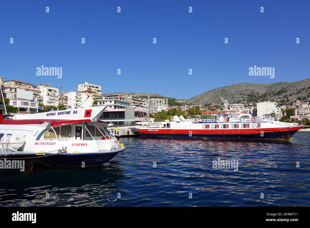 Ferries, harbor of Saranda, Republic of Albania Stock Photo