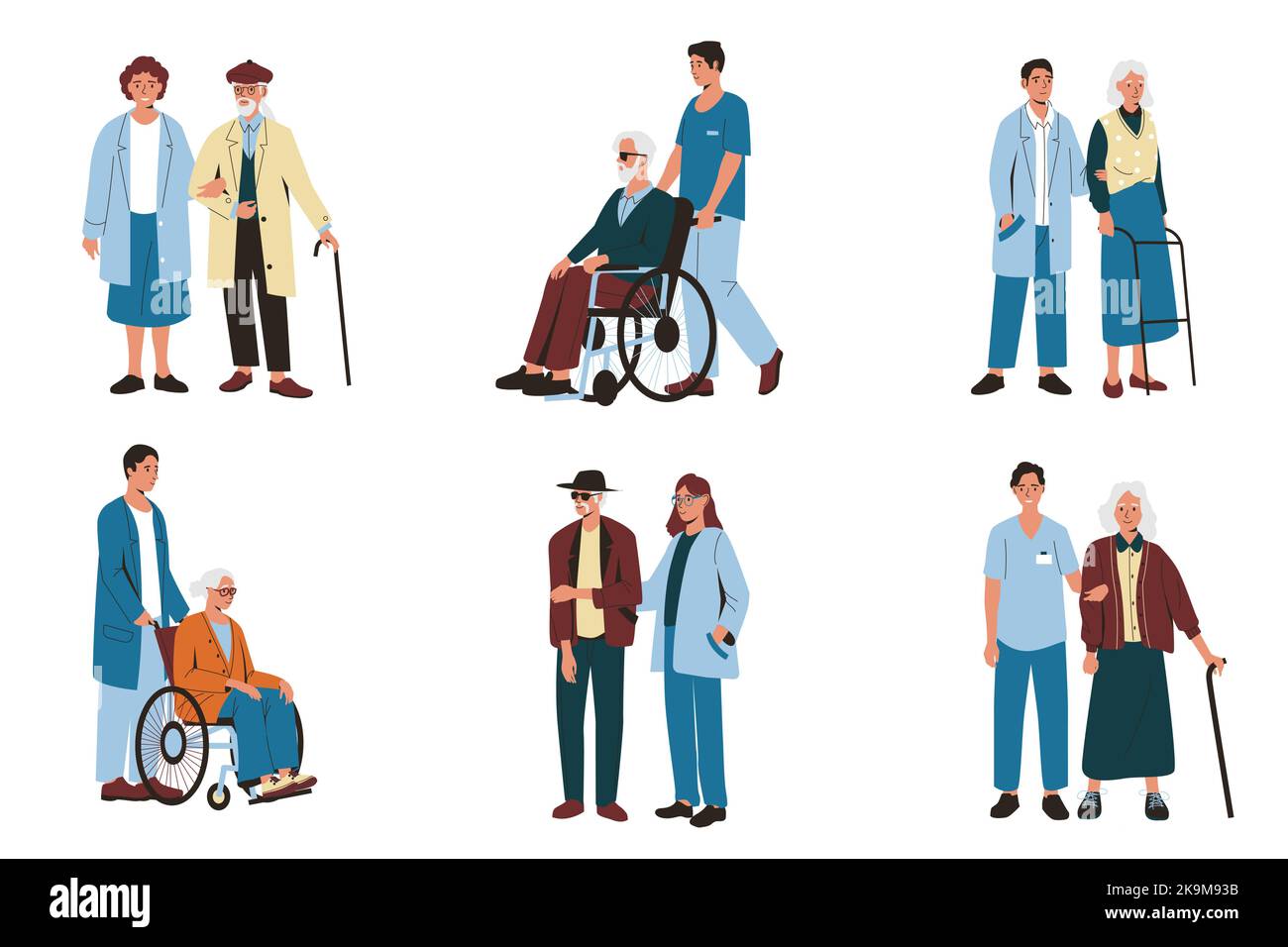 Elderly people care. Group of senior men women with social volunteers help, old characters with assistive devices on rehabilitation. Cartoon vector Stock Vector