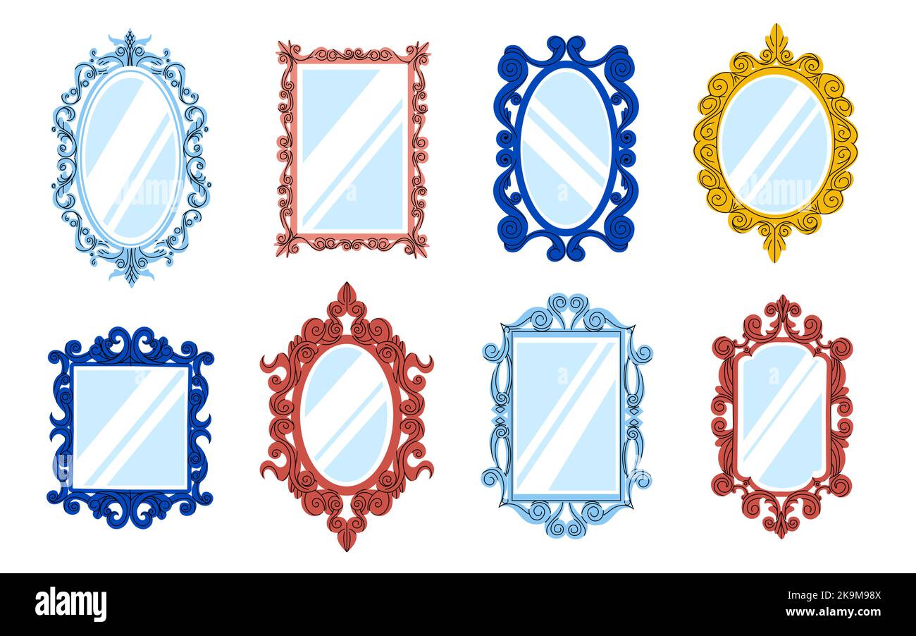 Cartoon decorative mirror. Vintage lace shiny frames with reflections different shapes, creative modern elements decor for girls. Vector isolated Stock Vector