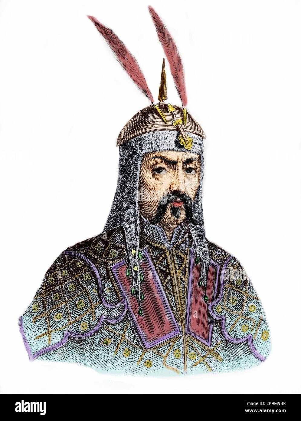 Genghis Khan (1162-1227). Emperor of Mogol Empire - Gengis Khan (1162-1227)  1st mongolian emperor in 1209-1227 - Portrait de Gengis Khan (1167-1227) Gravure Stock Photo