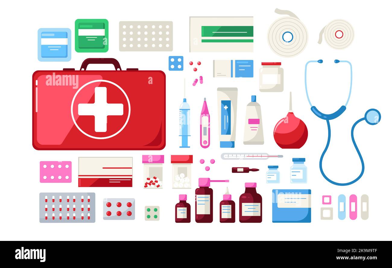 Medicines. First aid kit medical tools pills stethoscope syringe thermometer flask disposable gloves bandage, cartoon pharmacy instruments. Vector set Stock Vector