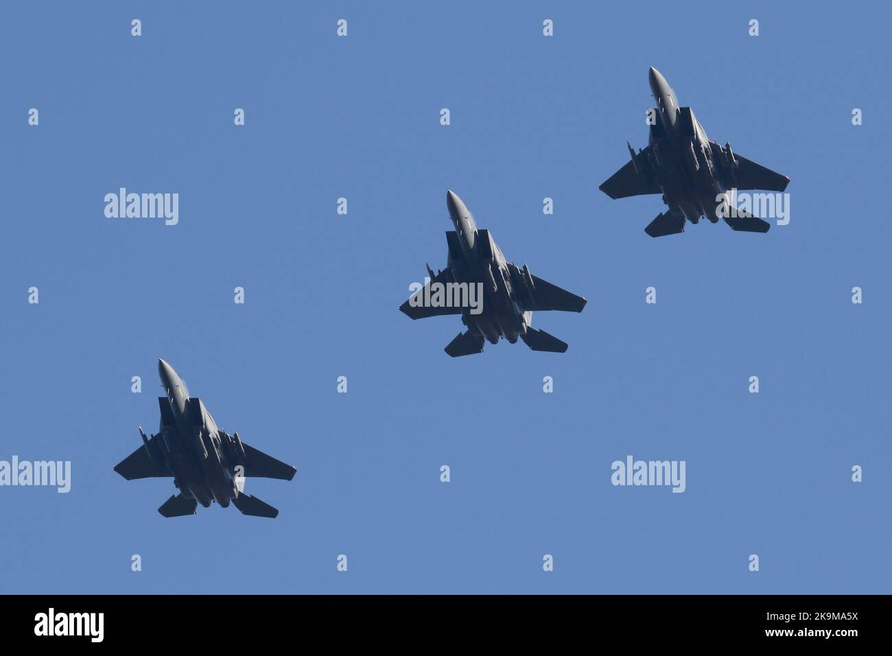 F-15Es from the 48th Fighter Wing in the overhead at RAF Lakenheath. Stock Photo