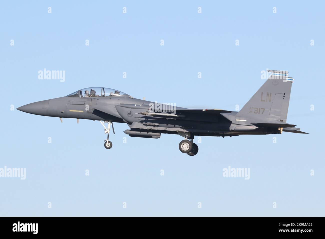 F-15E Eagle from the 48th Fighter Wing landing at RAF Lakenheath, Suffolk, UK. Stock Photo