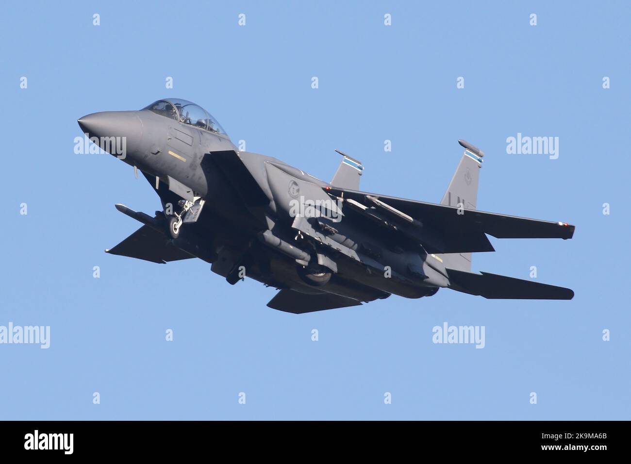 F-15E from the 48th Fighter Wing at RAF Lakenheath overshooting the runway. Stock Photo