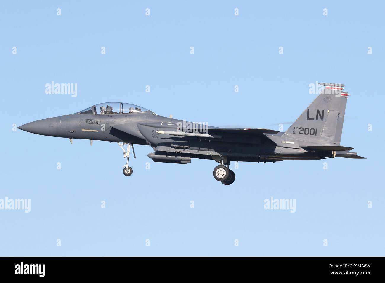 F-15E Eagle from the 48th Fighter Wing landing at RAF Lakenheath, Suffolk, UK. Stock Photo