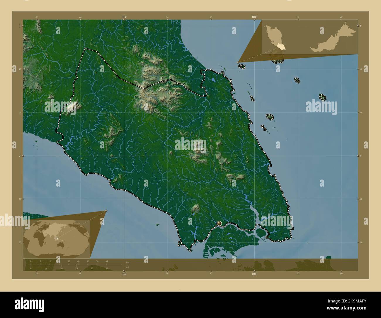 Johor, state of Malaysia. Colored elevation map with lakes and rivers