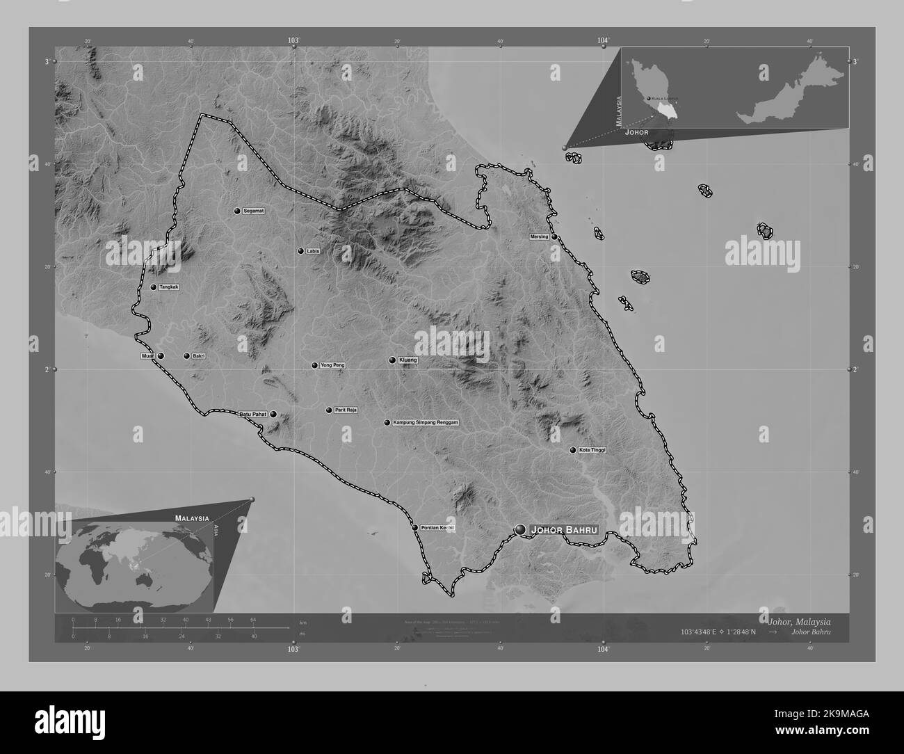 Johor, state of Malaysia. Grayscale elevation map with lakes and rivers