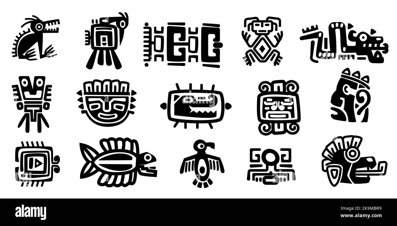 Mexican gods symbols. Abstract aztec animal bird totem idols, ancient inca maya civilization primitive traditional signs. Vector collection Stock Vector
