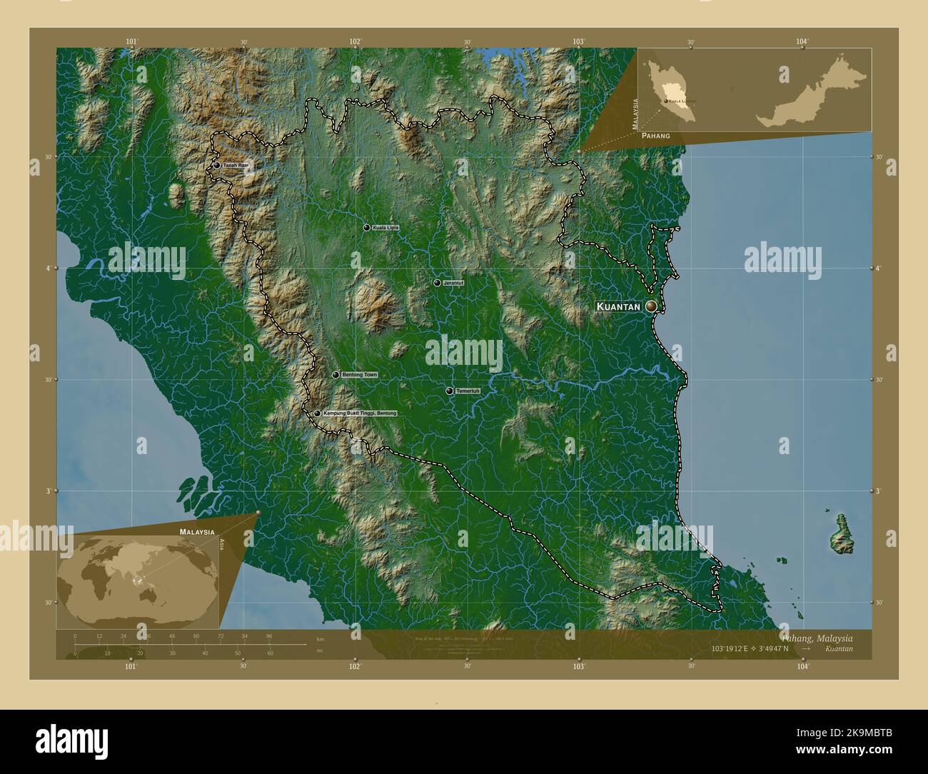 Pahang, state of Malaysia. Colored elevation map with lakes and rivers ...