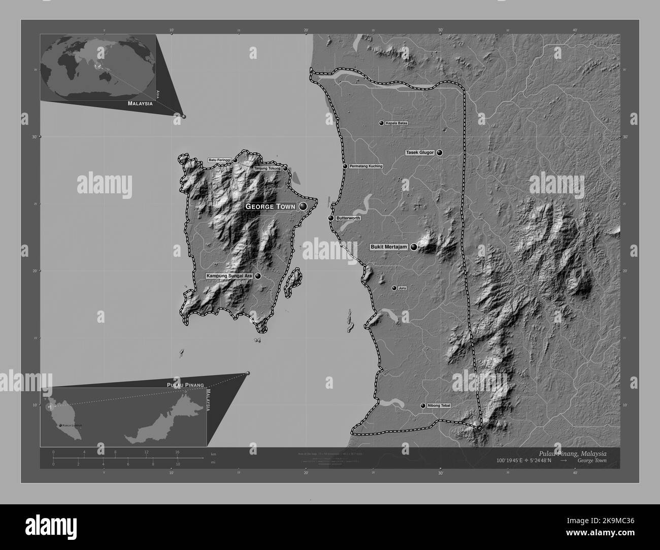 Pulau Pinang, state of Malaysia. Bilevel elevation map with lakes and ...