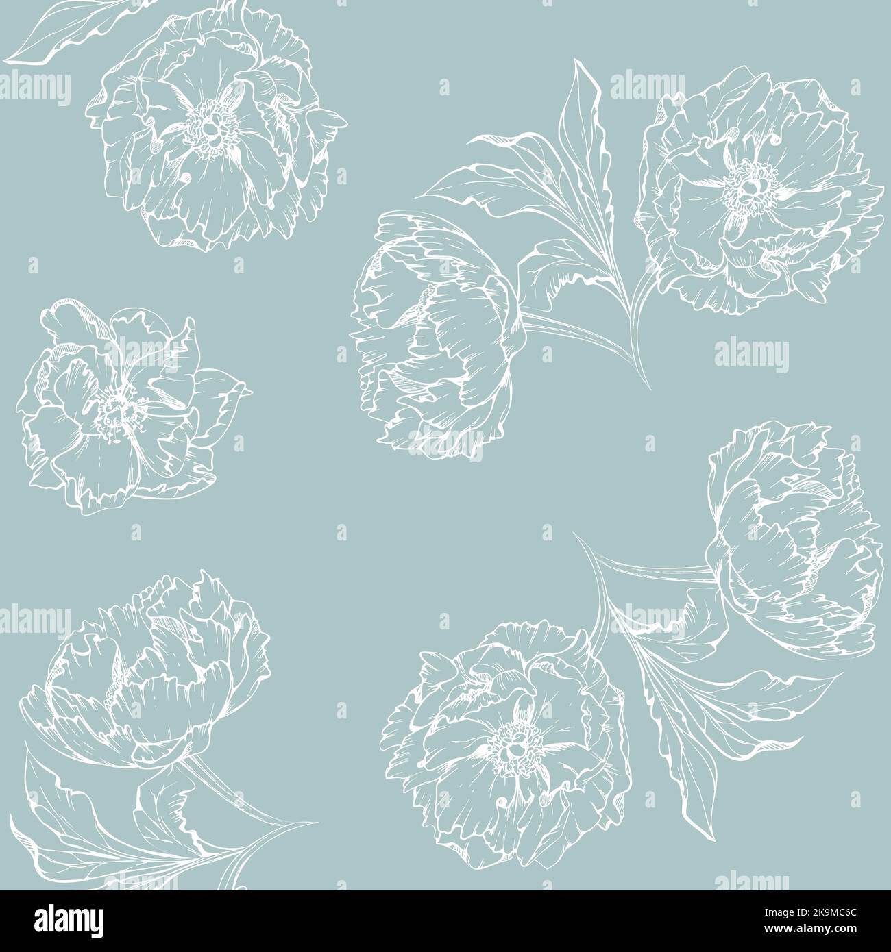 Hand drawn vector seamless pattern with peony flowers, buds and leaves ...