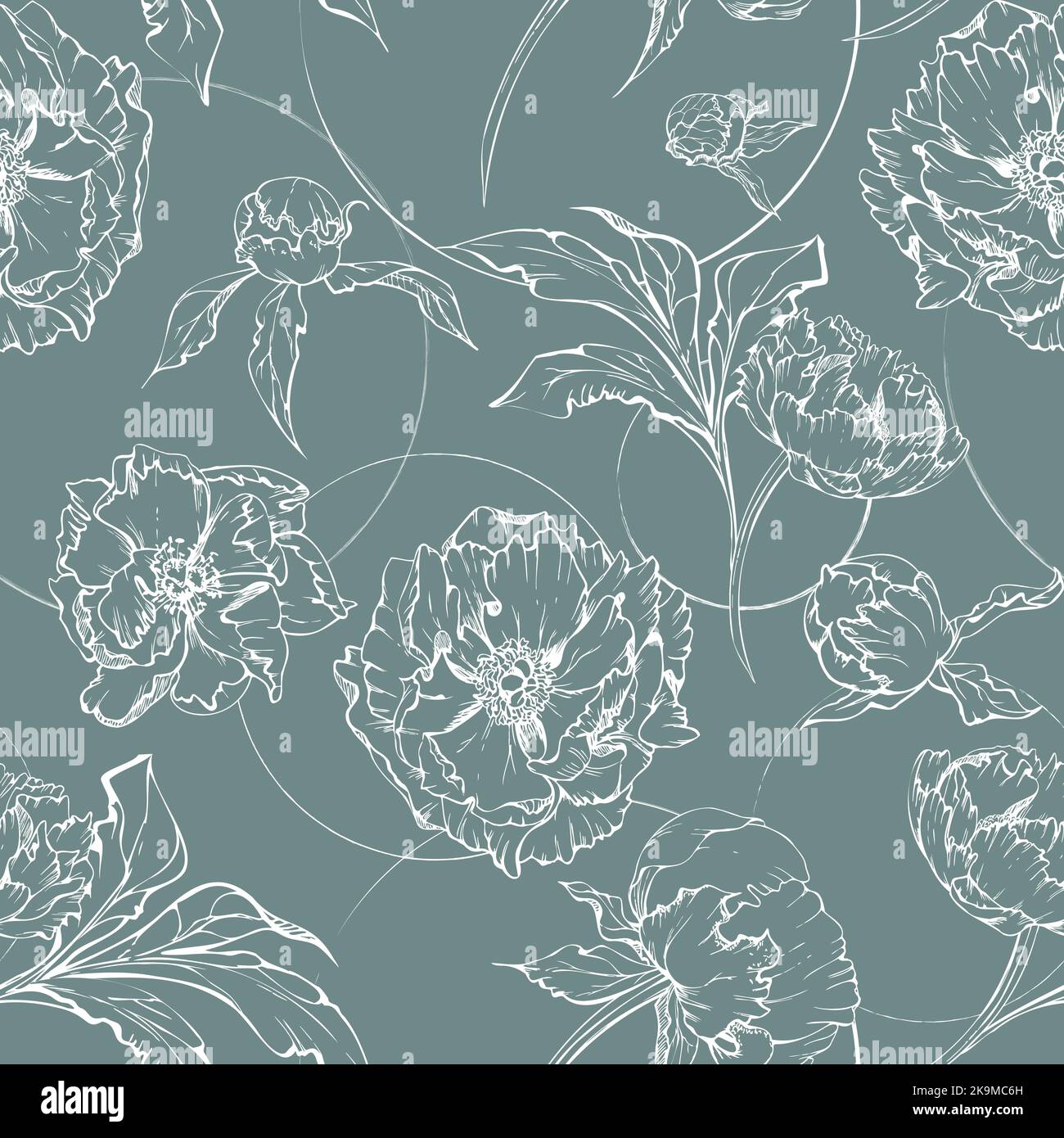 Hand drawn vector seamless pattern with peony flowers, buds and leaves ...