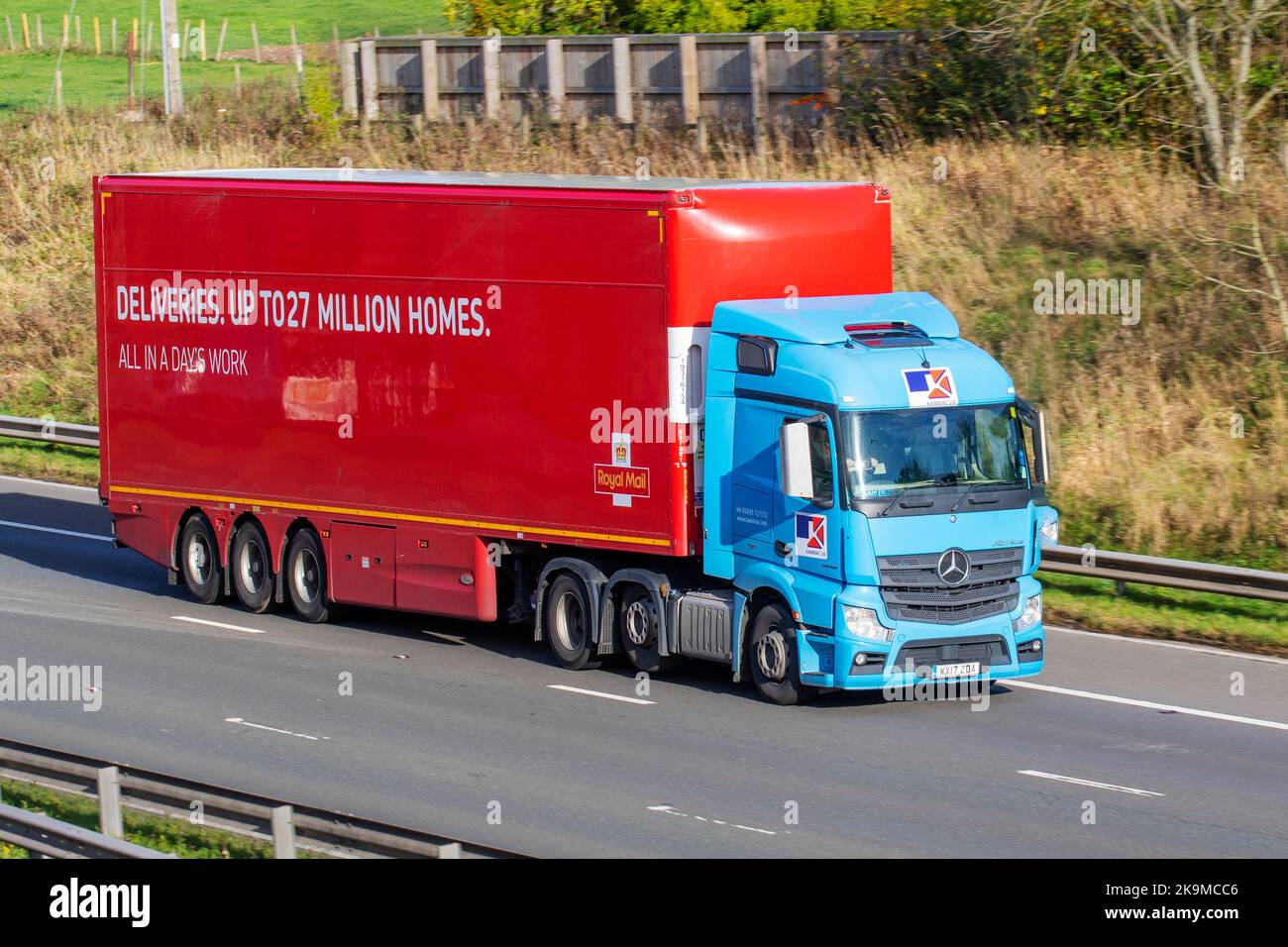 KAMMAC LTD Royal Mail private haulage contractor 2017 Blue Mercedes-Benz 2551LS 12809CC Diesel Automatic; travelling on the M6 motorway, UK Stock Photo