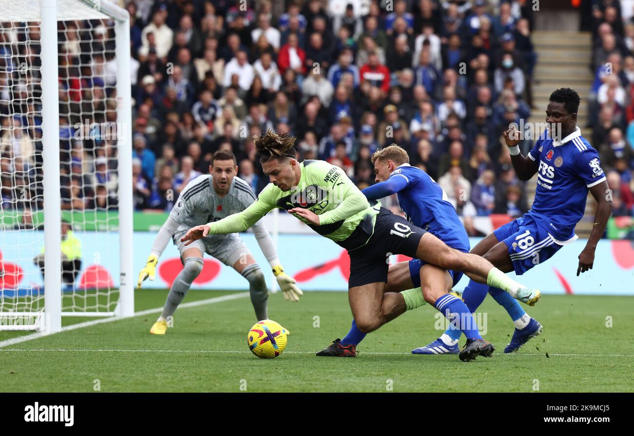 Leicester, UK. 29th October 2022. Jack Grealish of Manchester City goes over in the penalty area