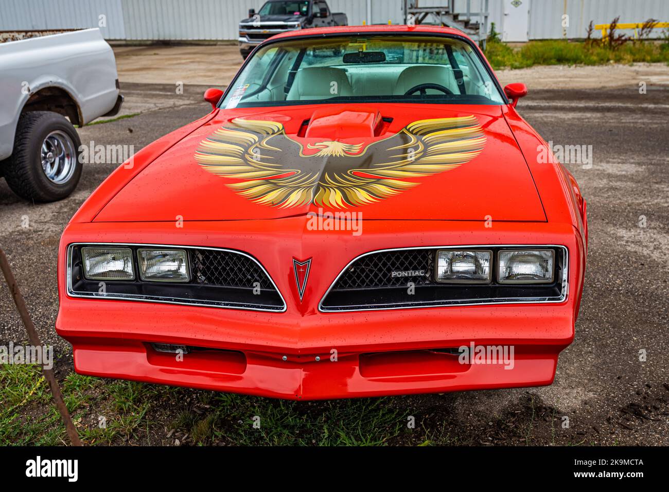 Des Moines, IA - July 01, 2022: High perspective front view of a 1978 Pontiac Firebird Trans Am at a local car show. Stock Photo