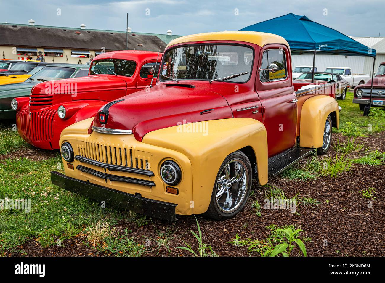 Des Moines, IA - July 01, 2022: High perspective front corner view of a 1952 International Harvester L110 Pickup Truck at a local car show. Stock Photo